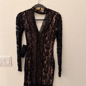 Bebe Black Lace Long Sleeve Bodycon Dress with Choker Neck – NWT